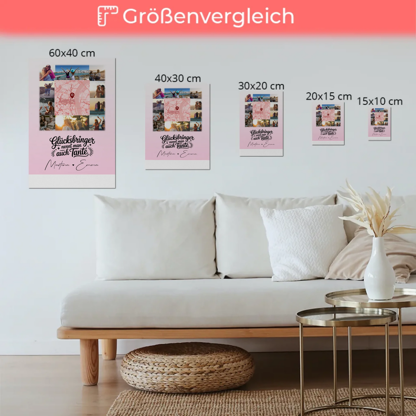 Personalisierte Fotoboard Magnet Wandbild mit 10 Fotos und Karte in der Mitte Glücksbringer Bruder