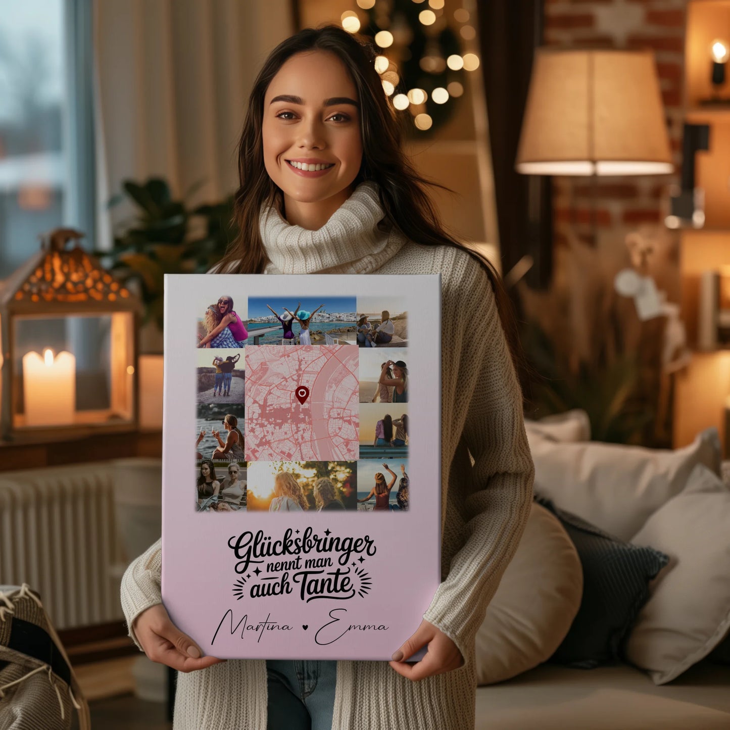 Personalisierte Leinwand mit 10 Fotos und Karte in der Mitte Glücksbringer Bruder 2