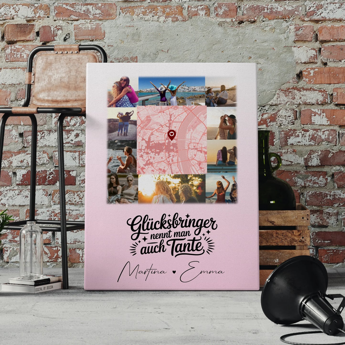 Personalisierte Leinwand mit 10 Fotos und Karte in der Mitte Glücksbringer Bruder 4