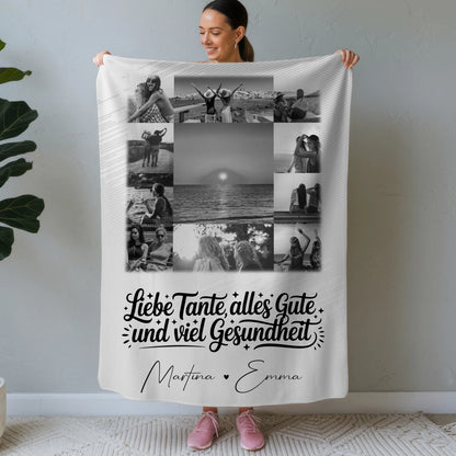 Personalisierte Kuscheldecke Mit Namen und 11 Fotos Tante Alles Liebe und Gesundheit Schwarz-Weiß 1