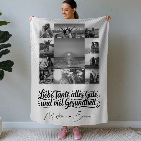 Personalisierte Kuscheldecke Mit Namen und 11 Fotos Tante Alles Liebe und Gesundheit Schwarz-Weiß 1
