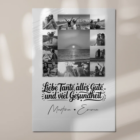 Personalisierter Fotoboard Magnet Wandbild mit 11 Fotos für Tante alles Liebe und Gesundheit Schwarz-Weiß 1