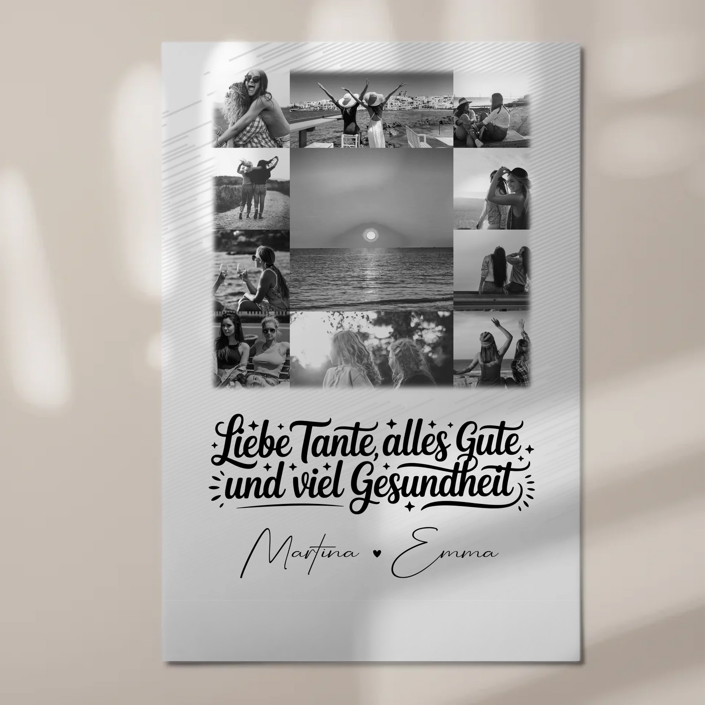 Personalisierter Fotoboard Magnet Wandbild mit 11 Fotos für Tante alles Liebe und Gesundheit Schwarz-Weiß
