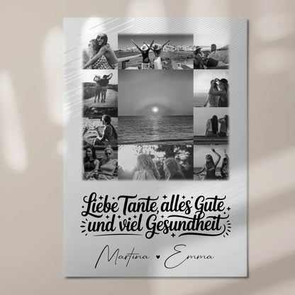 Personalisierter Fotoboard Magnet Wandbild mit 11 Fotos für Tante alles Liebe und Gesundheit Schwarz-Weiß