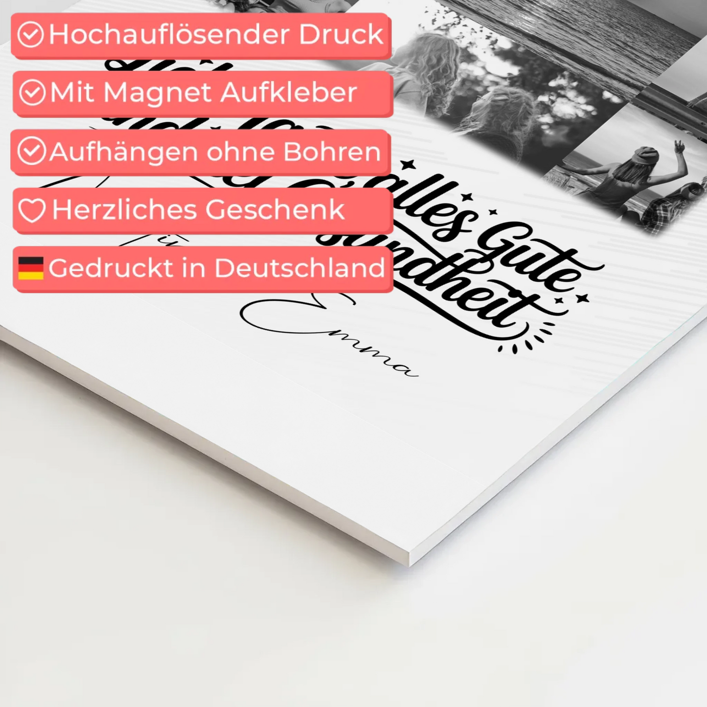 Personalisierter Fotoboard Magnet Wandbild mit 11 Fotos für Tante alles Liebe und Gesundheit Schwarz-Weiß