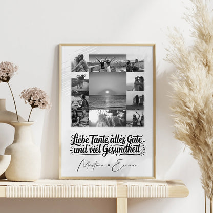 Personalisierte Fotocollage Großes Bild aus 11 Fotos für Tante alles Liebe und Gesundheit Schwarz-Weiß