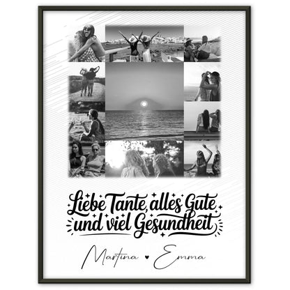 Personalisierte Fotocollage Großes Bild aus 11 Fotos für Tante alles Liebe und Gesundheit Schwarz-Weiß