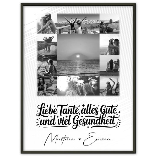 Personalisierte Fotocollage Großes Bild aus 11 Fotos für Tante alles Liebe und Gesundheit Schwarz-Weiß