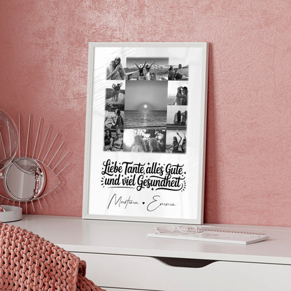 Personalisierte Fotocollage Großes Bild aus 11 Fotos für Tante alles Liebe und Gesundheit Schwarz-Weiß