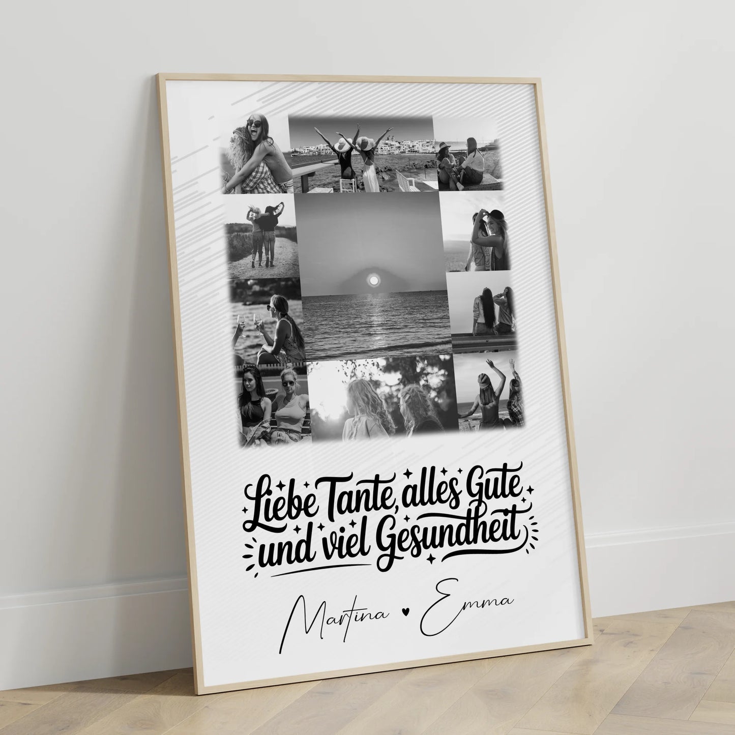 Personalisierte Fotocollage Großes Bild aus 11 Fotos für Tante alles Liebe und Gesundheit Schwarz-Weiß