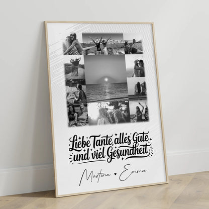 Personalisierte Fotocollage Großes Bild aus 11 Fotos für Tante alles Liebe und Gesundheit Schwarz-Weiß