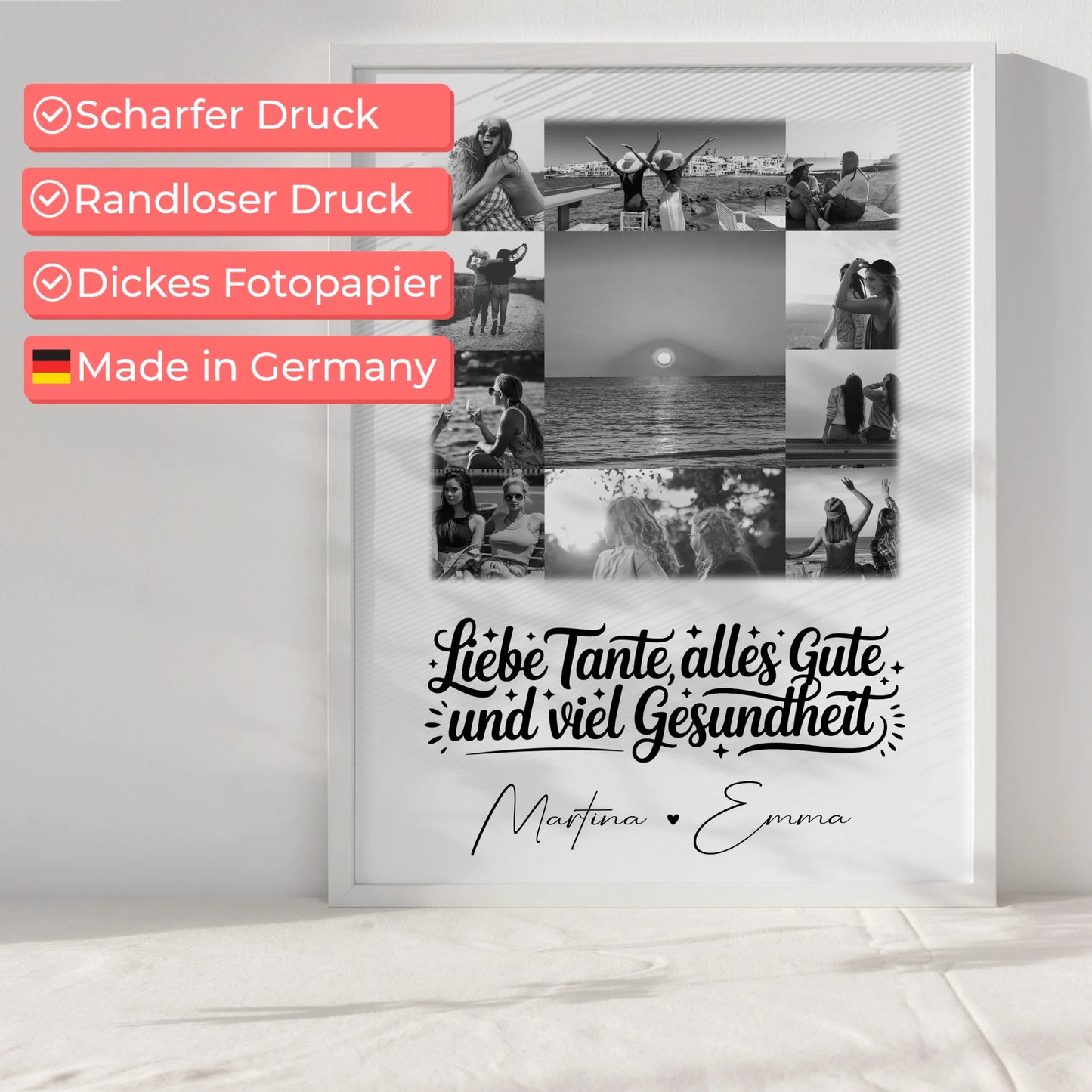 Personalisierte Fotocollage Großes Bild aus 11 Fotos für Tante alles Liebe und Gesundheit Schwarz-Weiß
