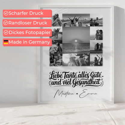 Personalisierte Fotocollage Großes Bild aus 11 Fotos für Tante alles Liebe und Gesundheit Schwarz-Weiß