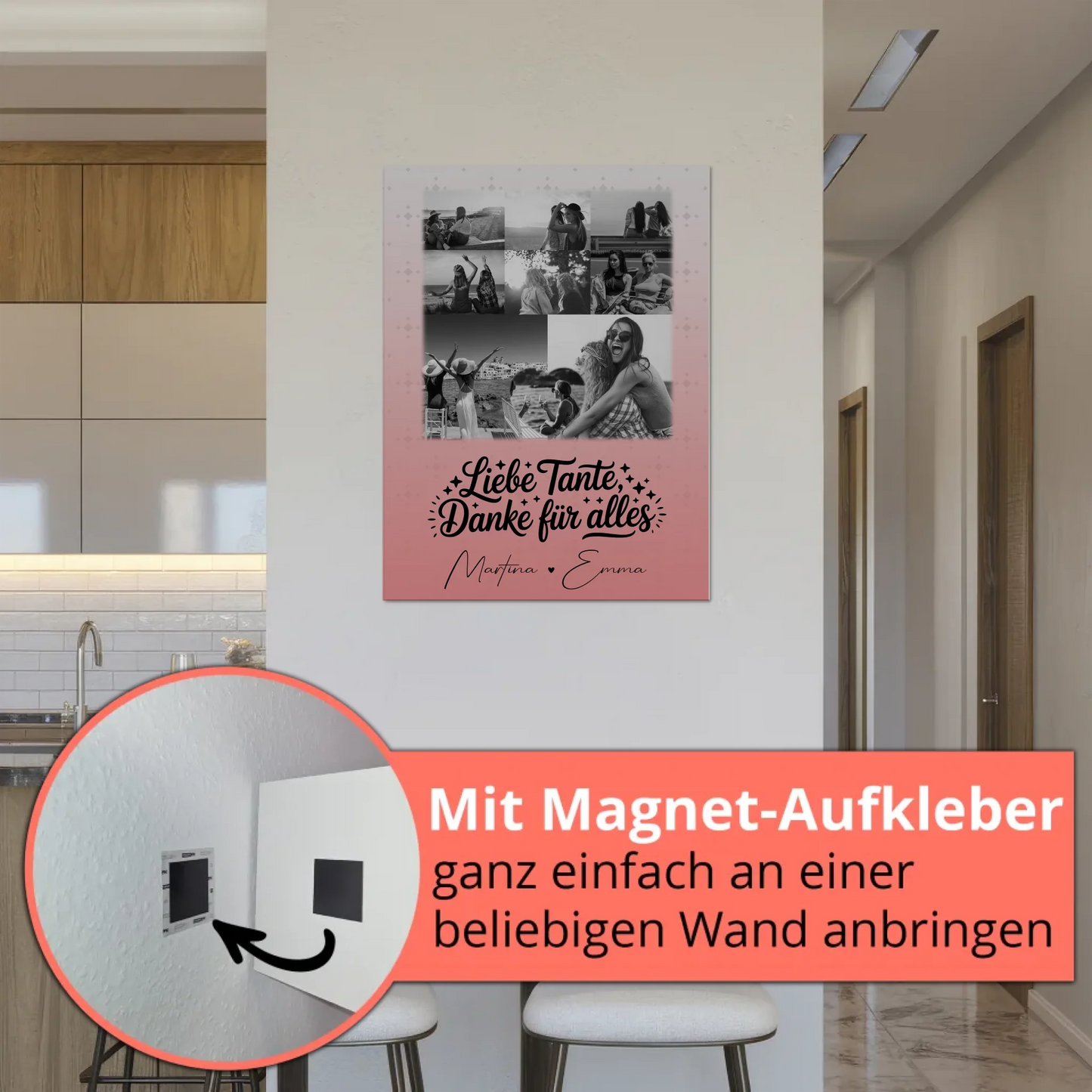 Personalisierter Magnetposter Fotoboard mit 8 Fotos und 1 Herz Foto Liebe Tante Danke für alles Schwarz-Weiß