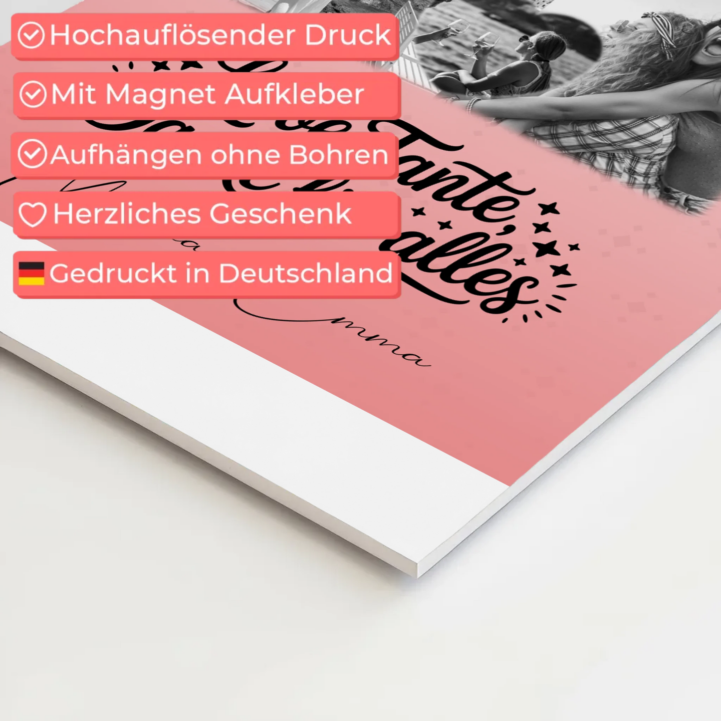 Personalisierter Magnetposter Fotoboard mit 8 Fotos und 1 Herz Foto Liebe Tante Danke für alles Schwarz-Weiß