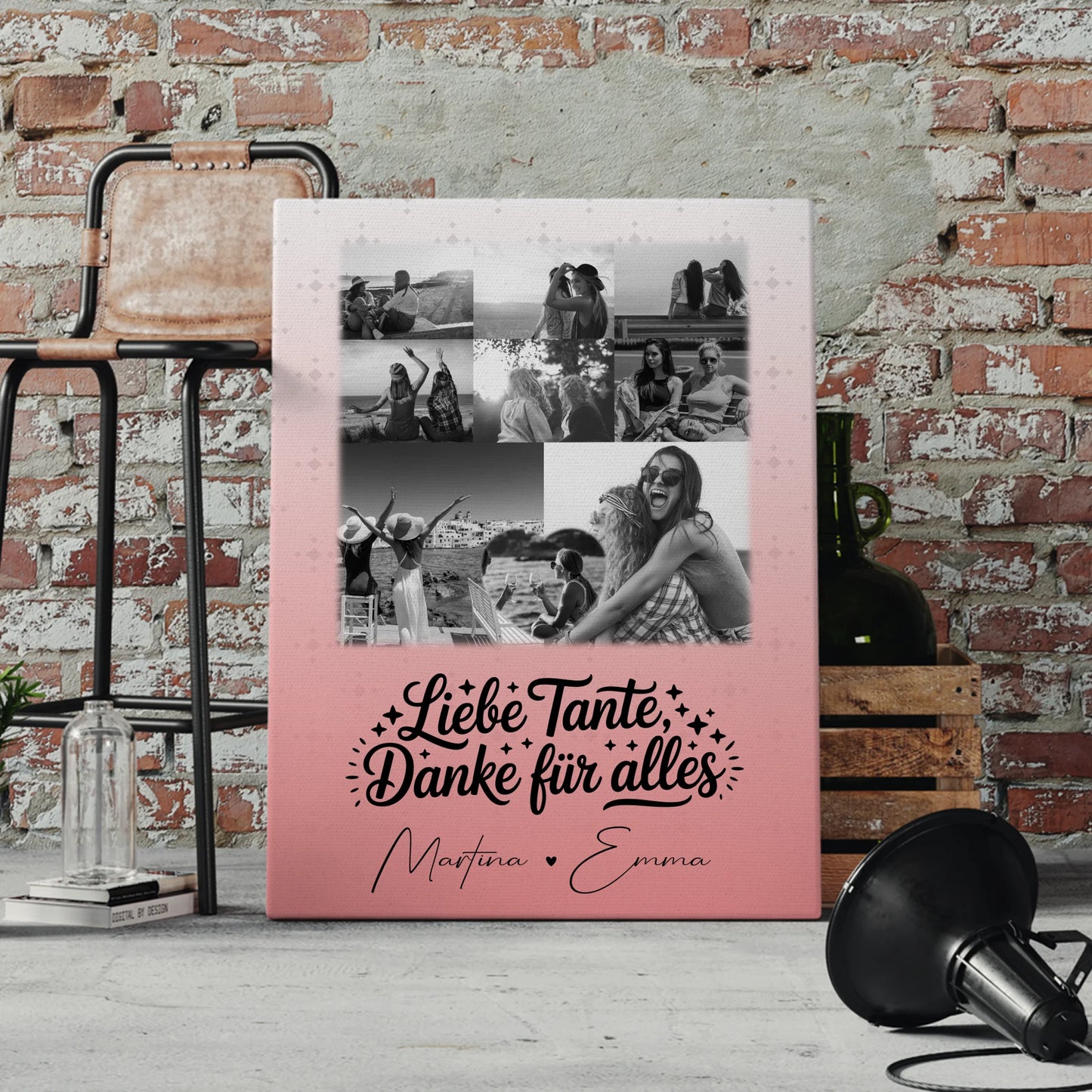 Personalisiertes Wandbild Fotocollage mit 8 Fotos und 1 Herz Foto Liebe Tante Danke für alles Schwarz-Weiß 4