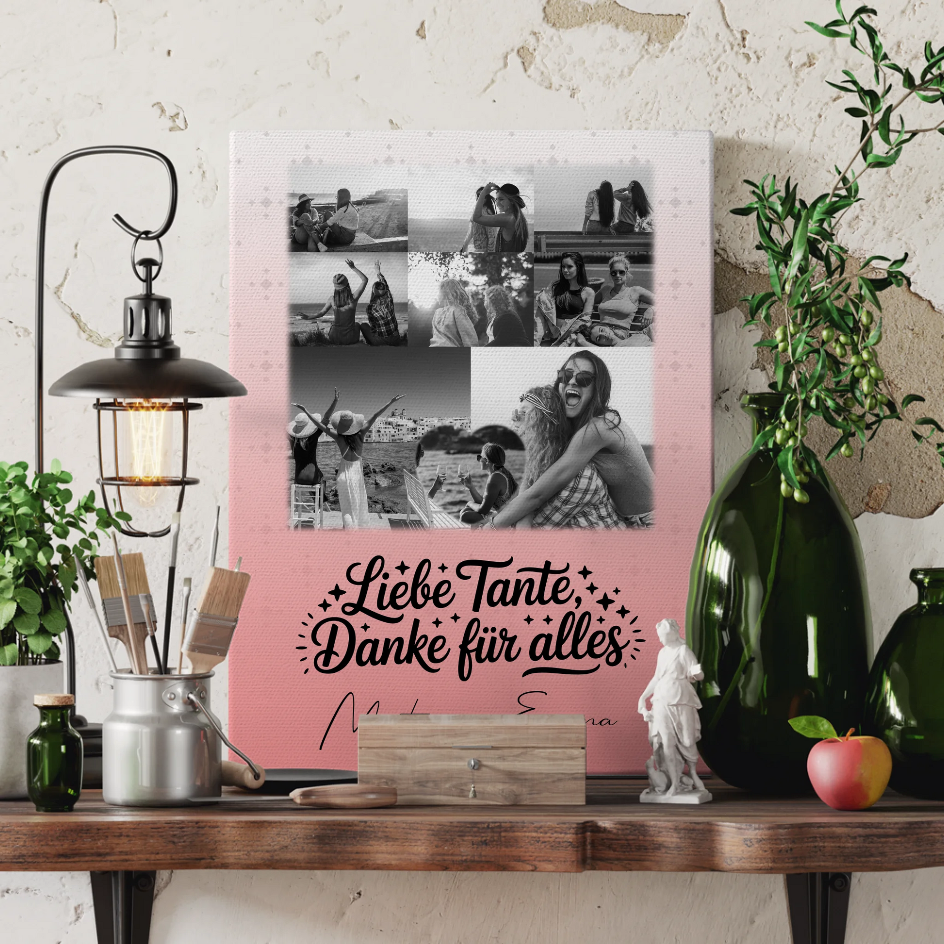 Personalisiertes Wandbild Fotocollage mit 8 Fotos und 1 Herz Foto Liebe Tante Danke für alles Schwarz-Weiß 3