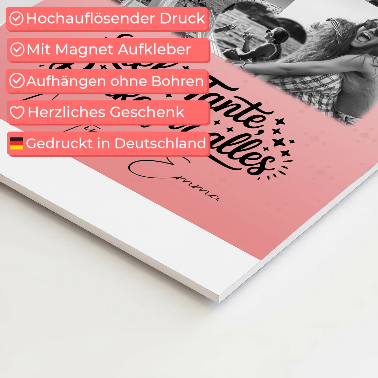 Personalisierter Magnetposter Fotoboard mit 8 Fotos und 1 Herz Foto Liebe Tante Danke für alles Schwarz-Weiß