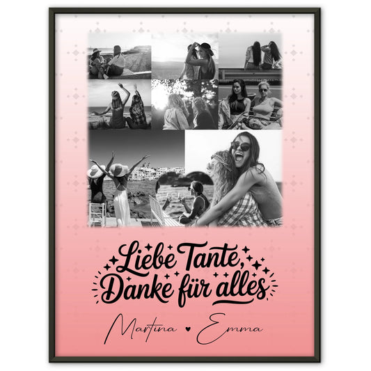 Personalisiertes Poster mit 8 Fotos und Herz Foto Liebe Tante Danke für alles Schwarz-Weiß