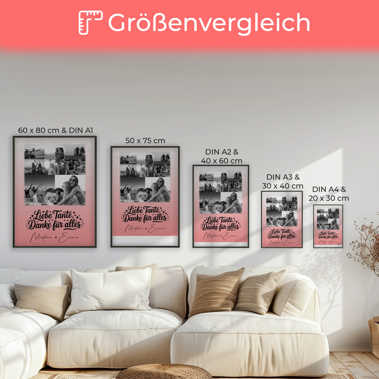 Personalisiertes Poster mit 8 Fotos und Herz Foto Liebe Tante Danke für alles Schwarz-Weiß