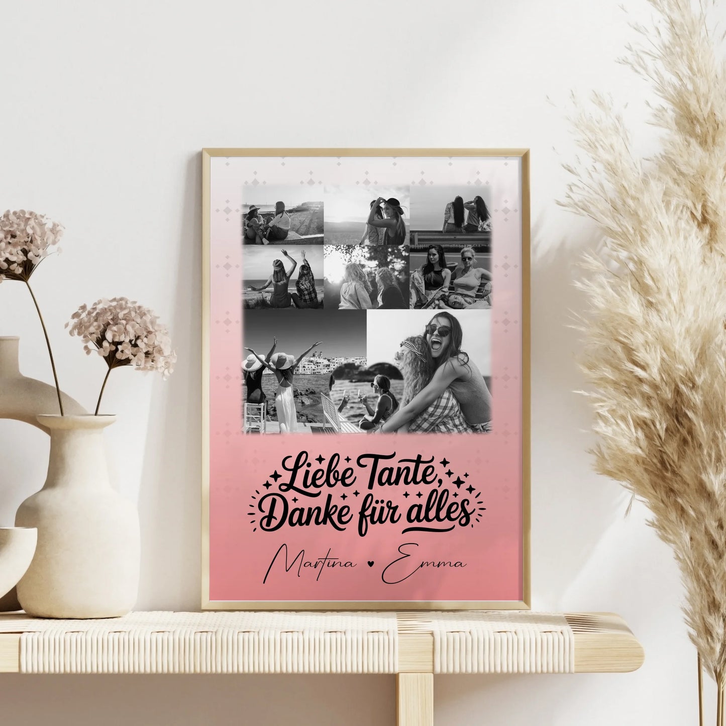 Personalisiertes Poster mit 8 Fotos und Herz Foto Liebe Tante Danke für alles Schwarz-Weiß