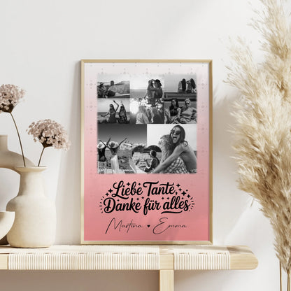 Personalisiertes Poster mit 8 Fotos und Herz Foto Liebe Tante Danke für alles Schwarz-Weiß