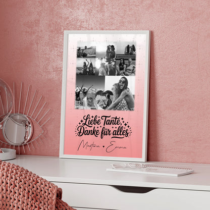 Personalisiertes Poster mit 8 Fotos und Herz Foto Liebe Tante Danke für alles Schwarz-Weiß