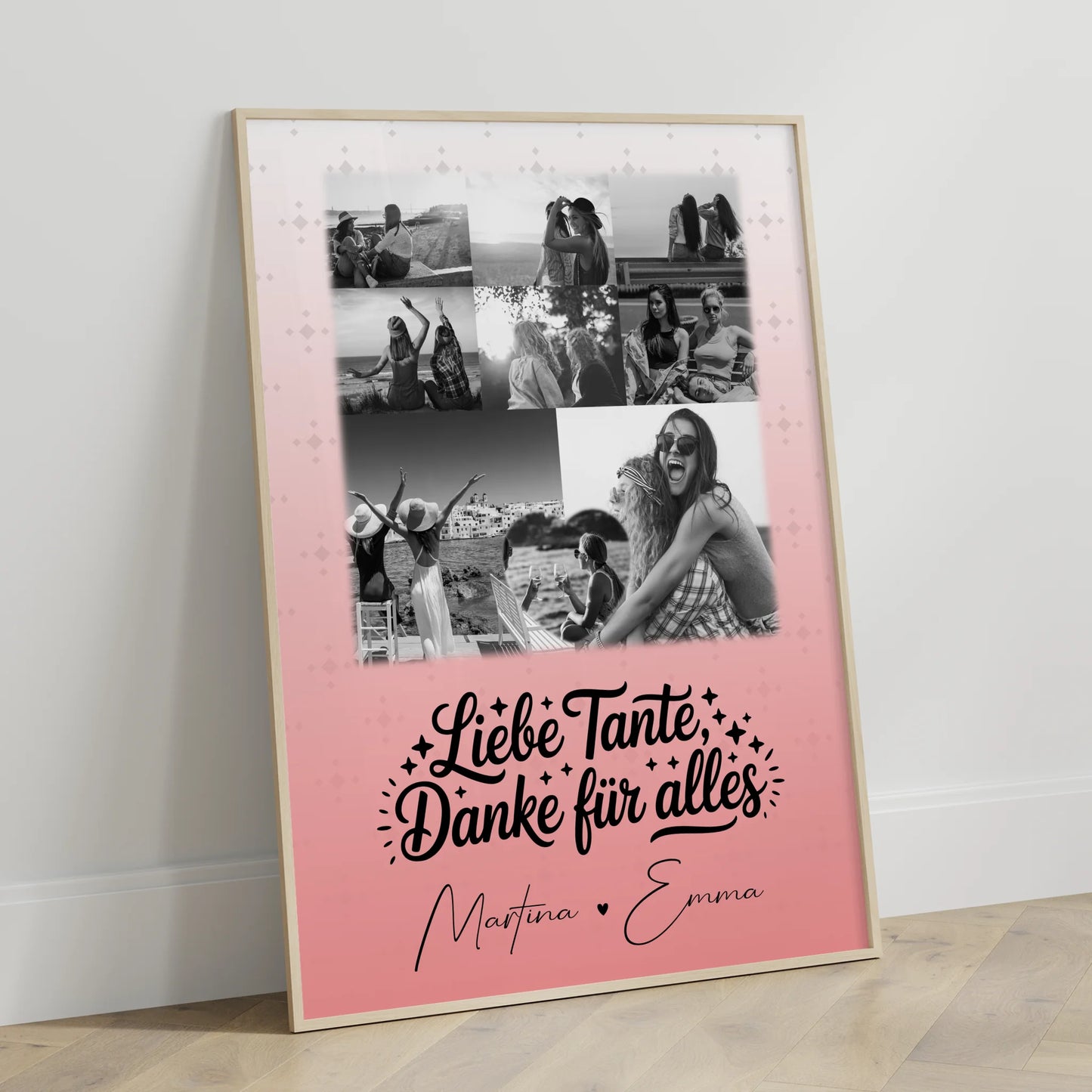 Personalisiertes Poster mit 8 Fotos und Herz Foto Liebe Tante Danke für alles Schwarz-Weiß