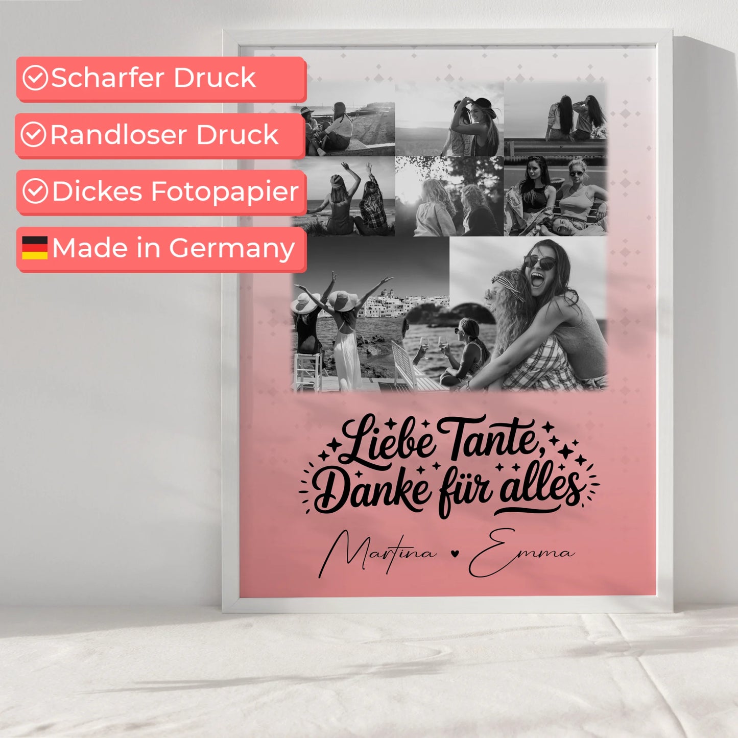 Personalisiertes Poster mit 8 Fotos und Herz Foto Liebe Tante Danke für alles Schwarz-Weiß