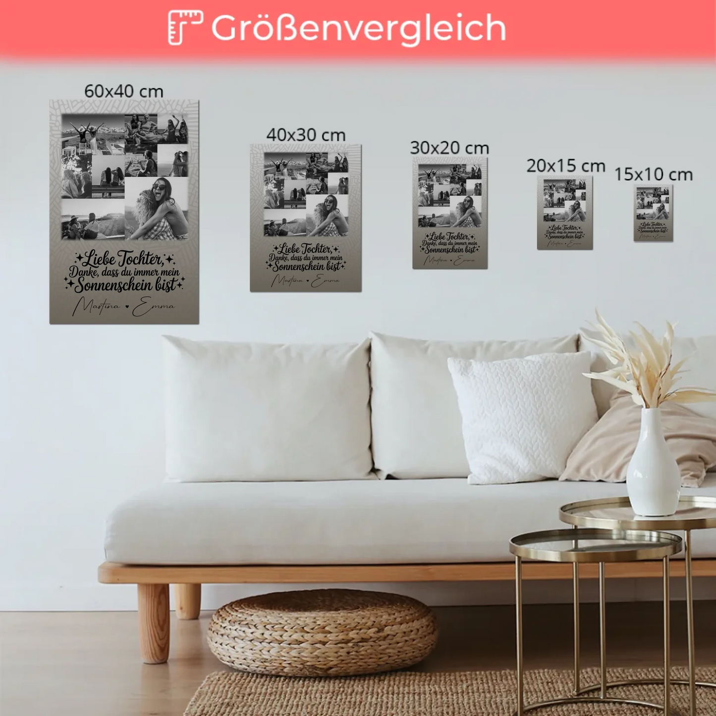 Personalisierbares Fotoboard Magnet Wandbild mit 9 Fotos Danke mein Sonnenschein Schwarz-Weiß