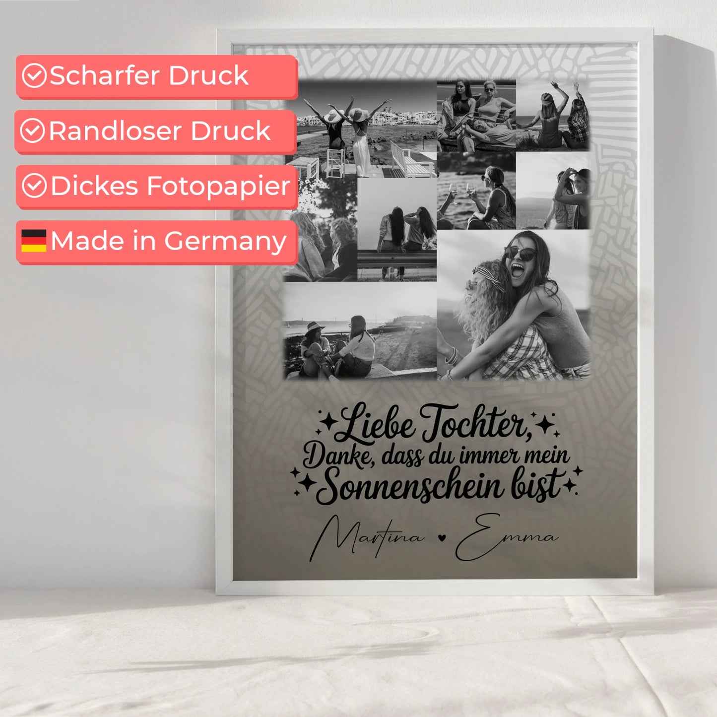Personalisierbares Poster mit 9 Fotos Danke mein Sonnenschein Schwarz-Weiß individuell gestaltet