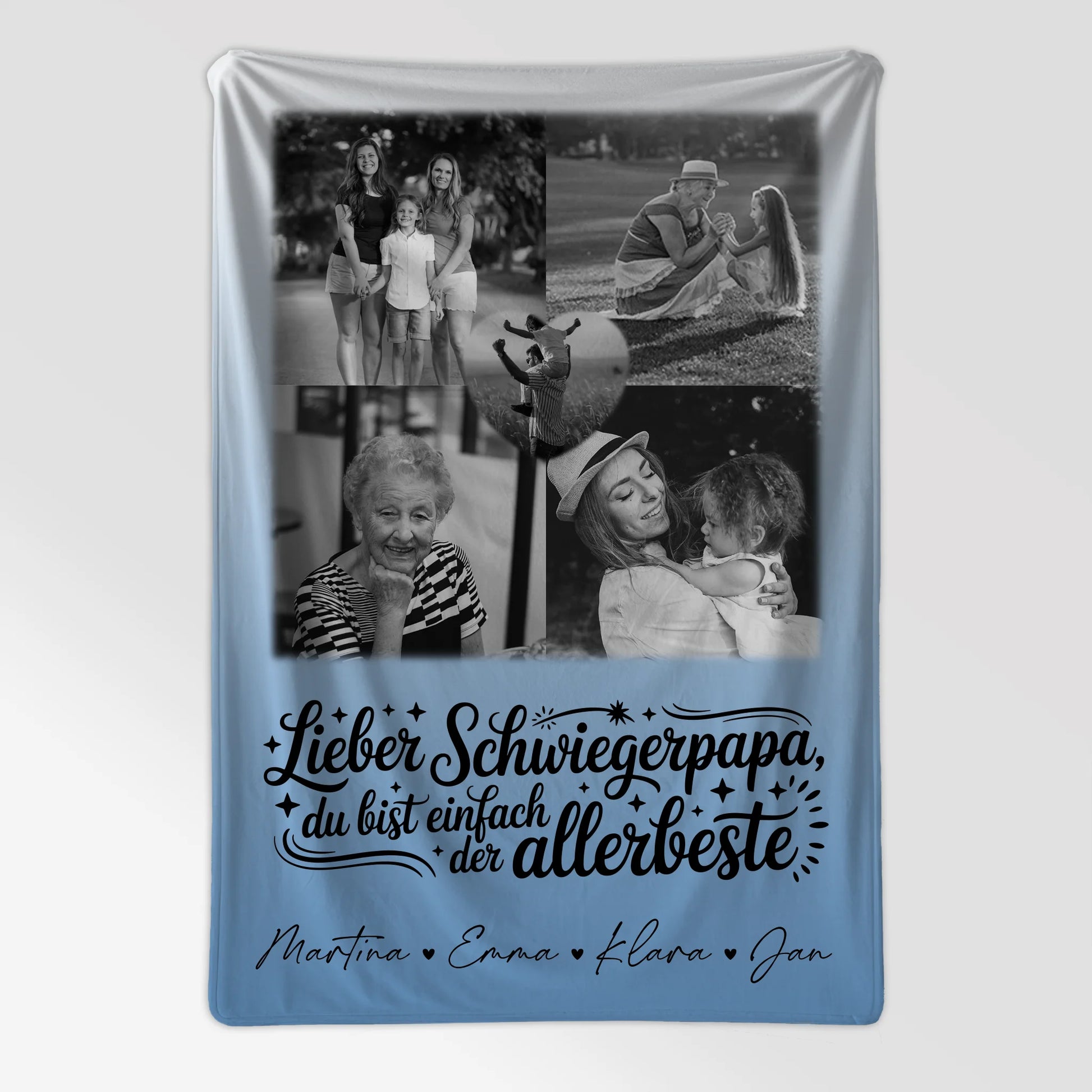 Personalisierte Kuscheldecke Mit Namen 4 Fotos und 1 Herz Foto Alles Gute und Gesundheit Papa Schwarz-Weiß 7