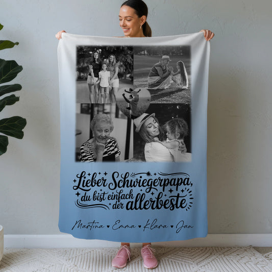 Personalisierte Kuscheldecke Mit Namen 4 Fotos und 1 Herz Foto Alles Gute und Gesundheit Papa Schwarz-Weiß 1