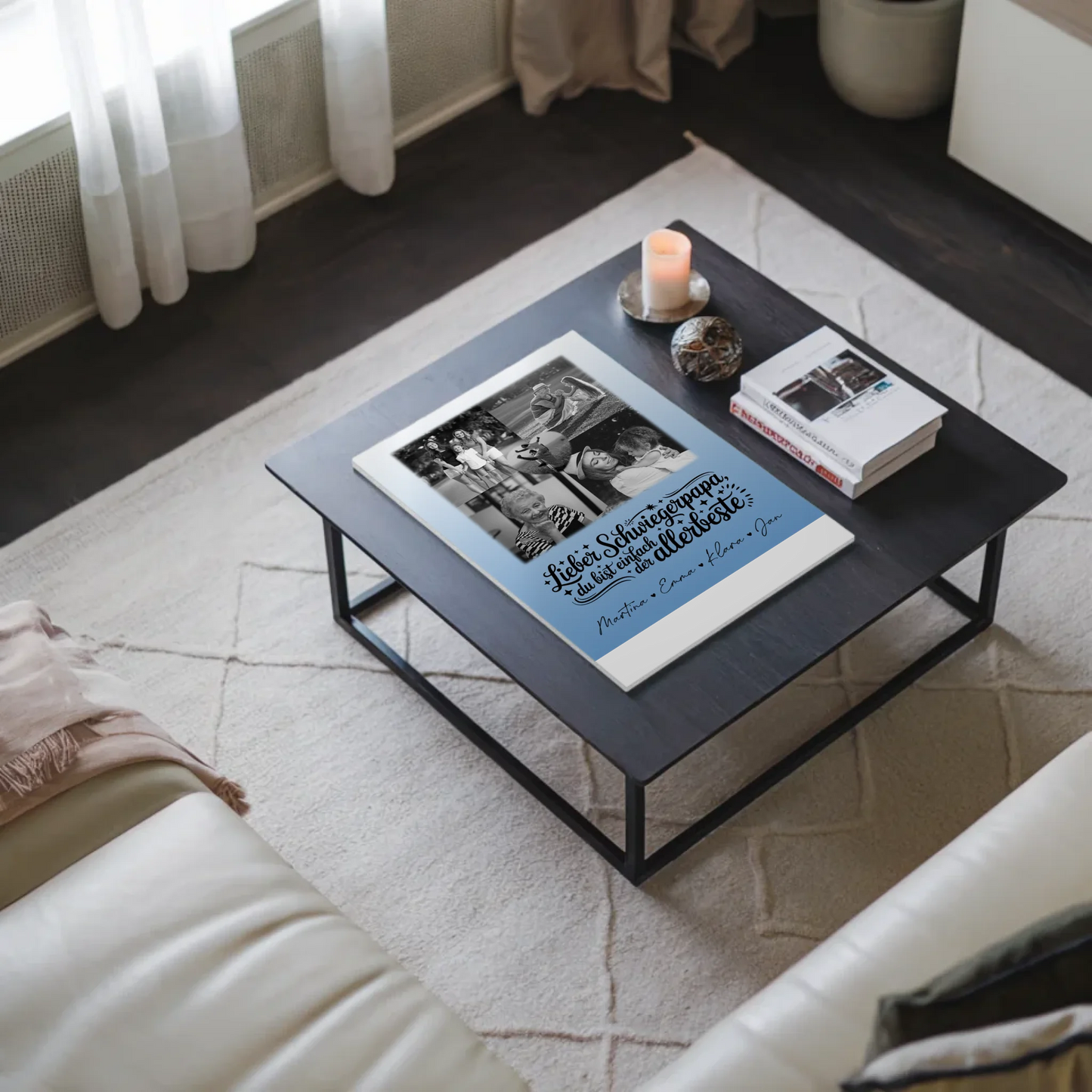 Magnetposter Fotoboard mit 4 Fotos und 1 Herz Foto Alles Gute und Gesundheit Papa Schwarz-Weiß