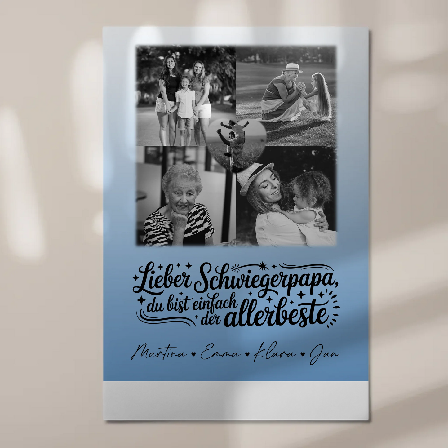 Magnetposter Fotoboard mit 4 Fotos und 1 Herz Foto Alles Gute und Gesundheit Papa Schwarz-Weiß