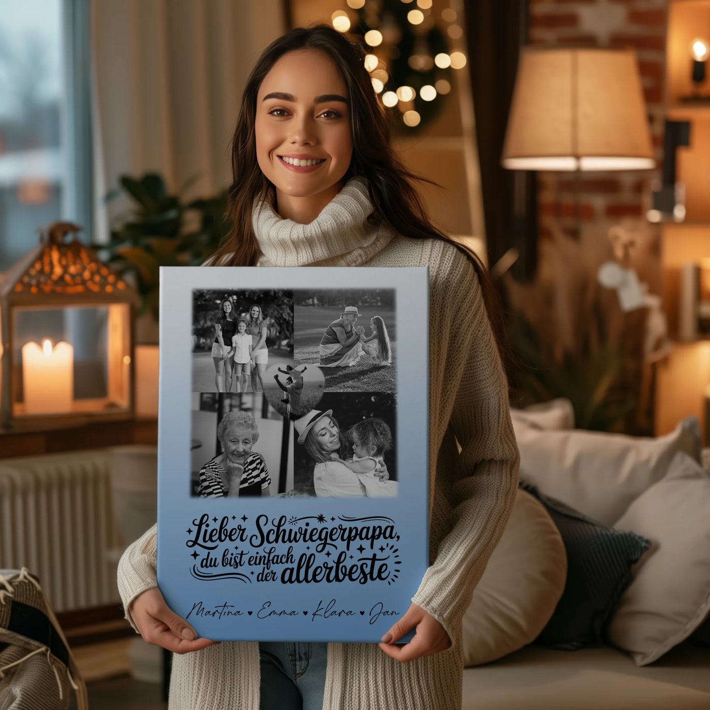 Personalisierte Leinwand Wandbild mit 4 Fotos und Herz Foto Alles Gute und Gesundheit Papa Schwarz-Weiß 2