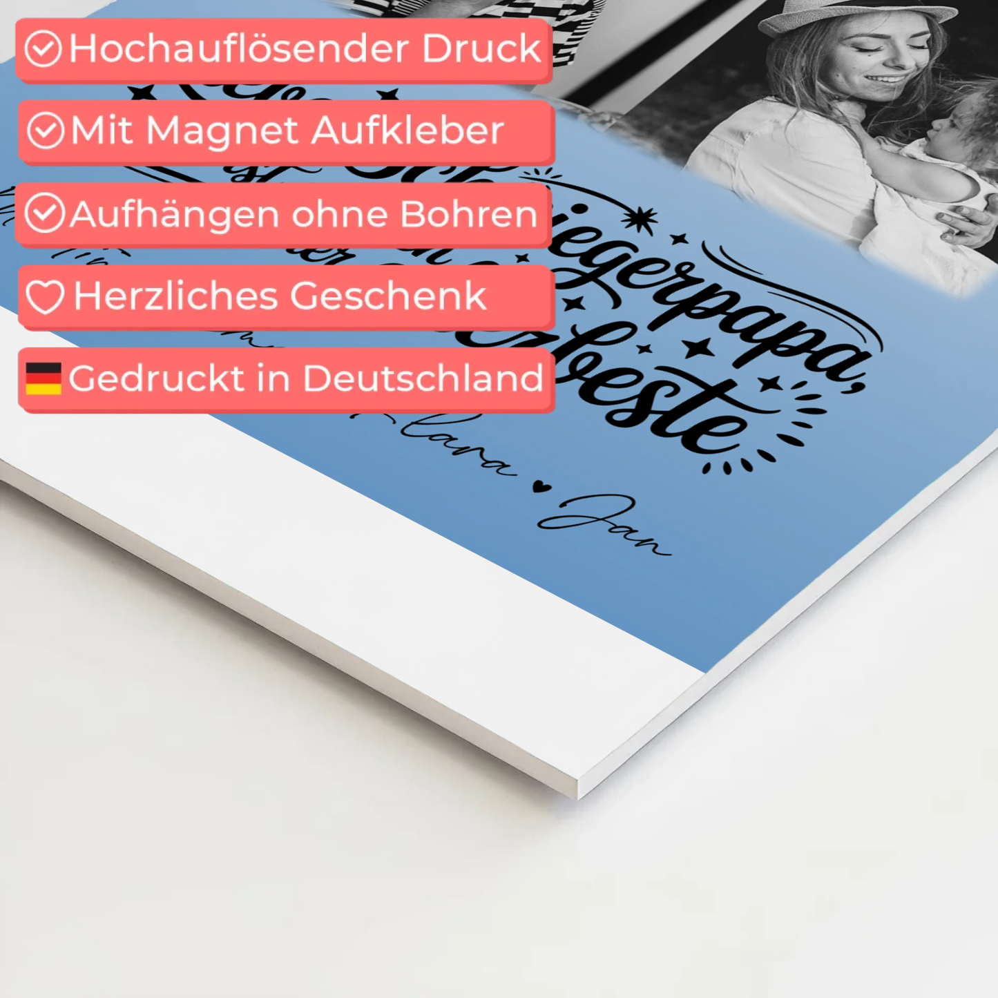 Magnetposter Fotoboard mit 4 Fotos und 1 Herz Foto Alles Gute und Gesundheit Papa Schwarz-Weiß