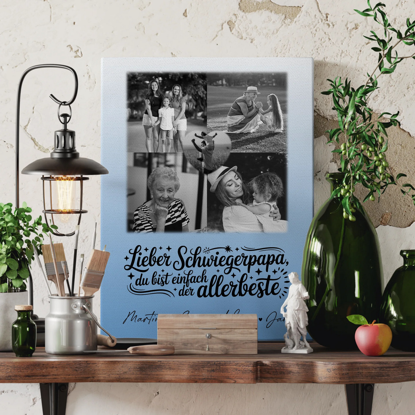 Personalisierte Leinwand Wandbild mit 4 Fotos und Herz Foto Alles Gute und Gesundheit Papa Schwarz-Weiß 3