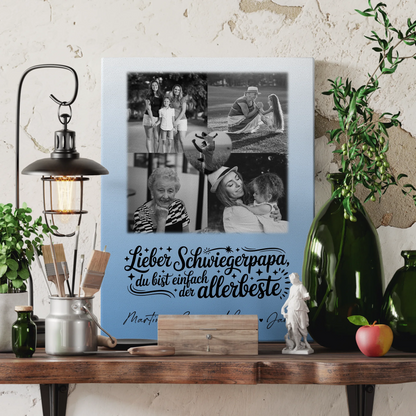 Personalisierte Leinwand Wandbild mit 4 Fotos und Herz Foto Alles Gute und Gesundheit Papa Schwarz-Weiß 3
