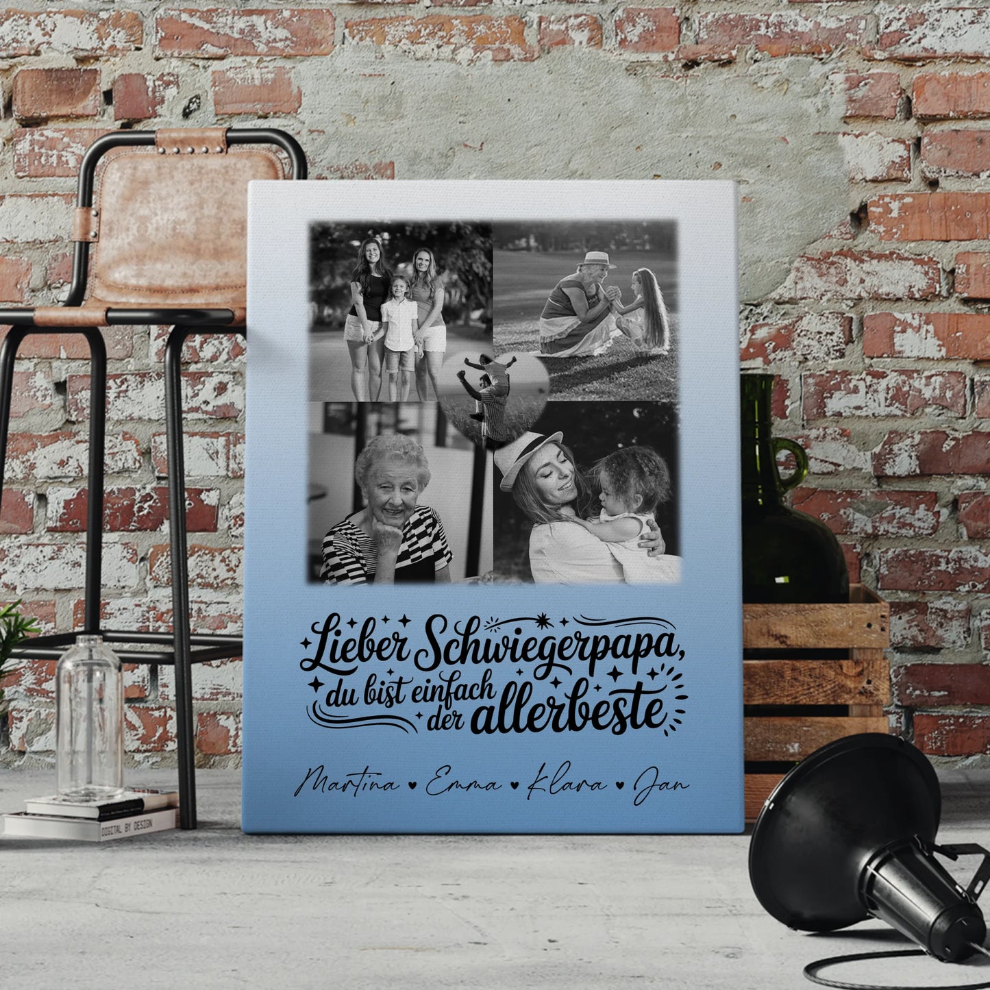 Personalisierte Leinwand Wandbild mit 4 Fotos und Herz Foto Alles Gute und Gesundheit Papa Schwarz-Weiß 4