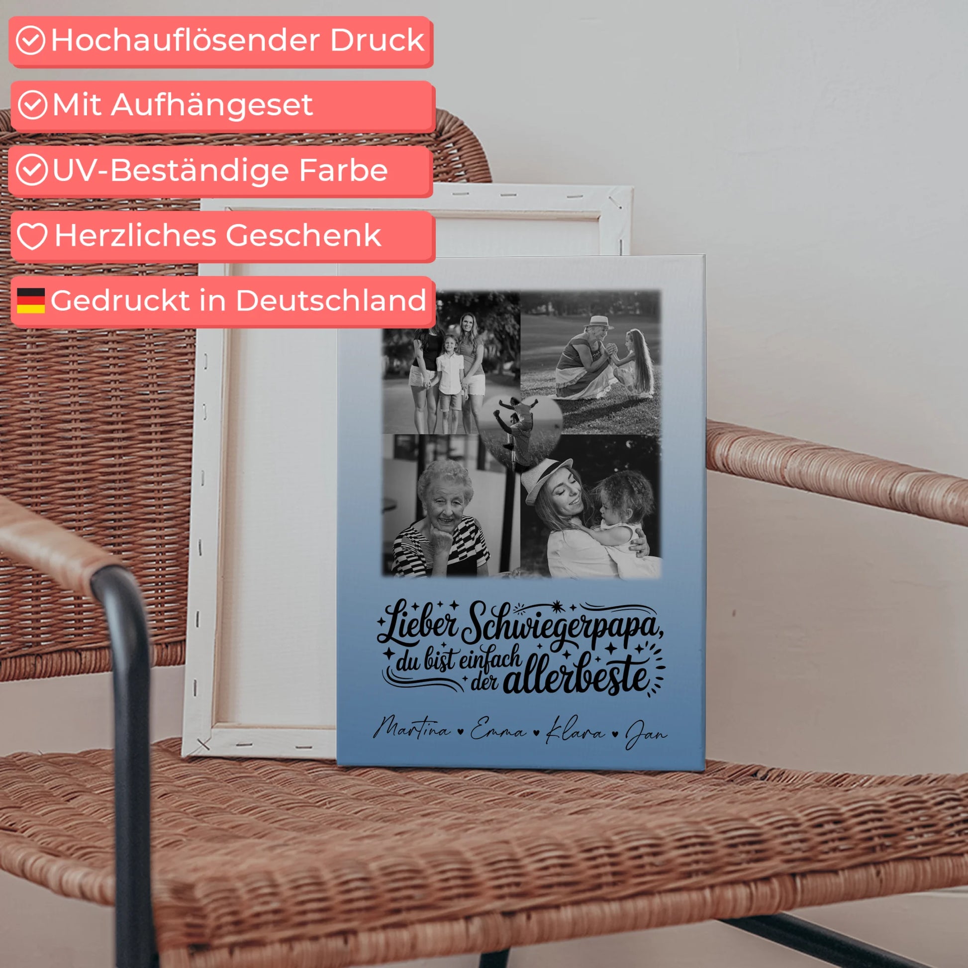 Personalisierte Leinwand Wandbild mit 4 Fotos und Herz Foto Alles Gute und Gesundheit Papa Schwarz-Weiß 5