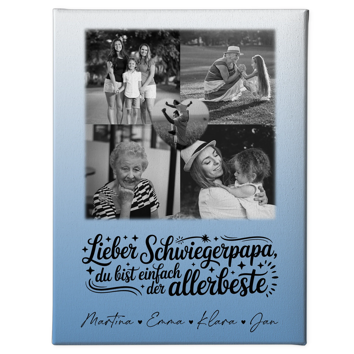 Personalisierte Leinwand Wandbild mit 4 Fotos und Herz Foto Alles Gute und Gesundheit Papa Schwarz-Weiß 1