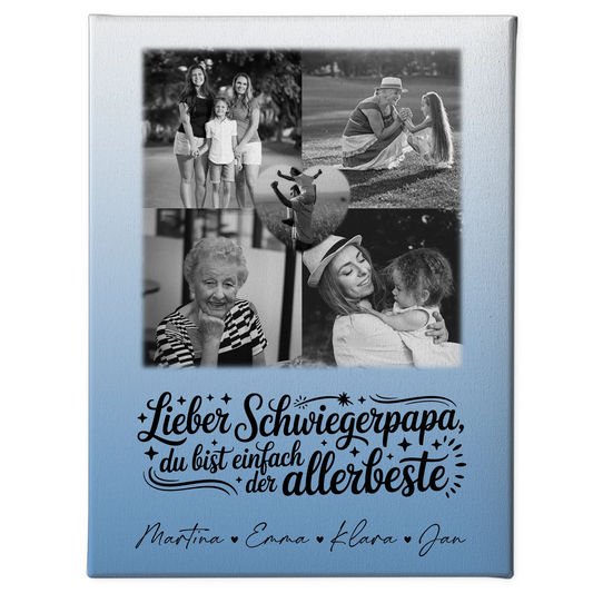 Personalisierte Leinwand Wandbild mit 4 Fotos und Herz Foto Alles Gute und Gesundheit Papa Schwarz-Weiß 1