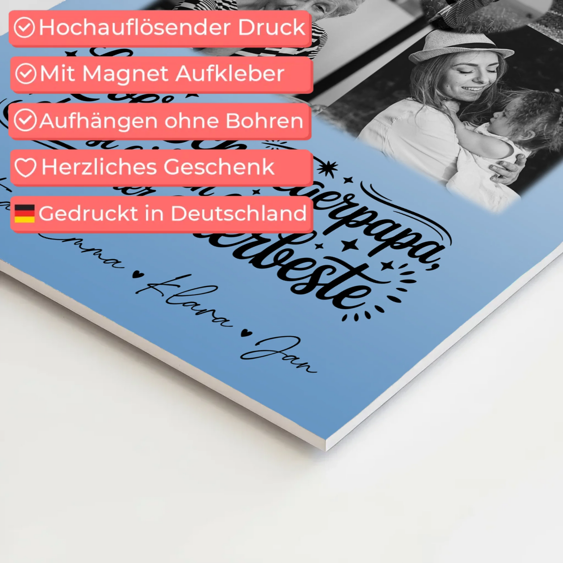 Magnetposter Fotoboard mit 4 Fotos und 1 Herz Foto Alles Gute und Gesundheit Papa Schwarz-Weiß 10