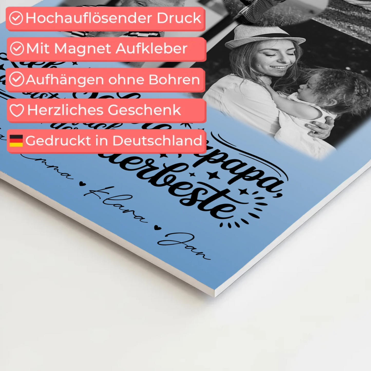 Magnetposter Fotoboard mit 4 Fotos und 1 Herz Foto Alles Gute und Gesundheit Papa Schwarz-Weiß