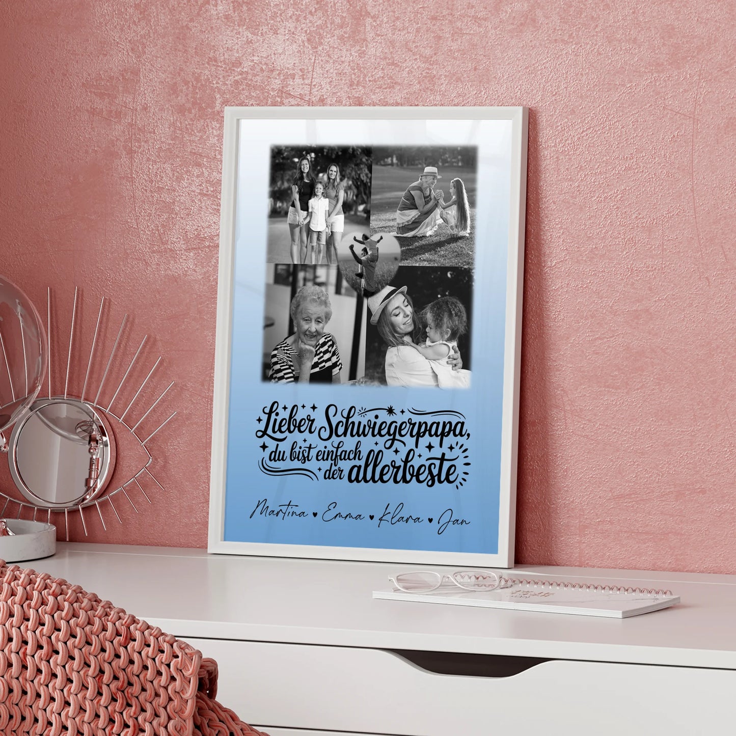 Foto Collage Poster Erstellen mit 4 Fotos und Herz für Papa Alles Gute und Gesundheit Schwarz-Weiß