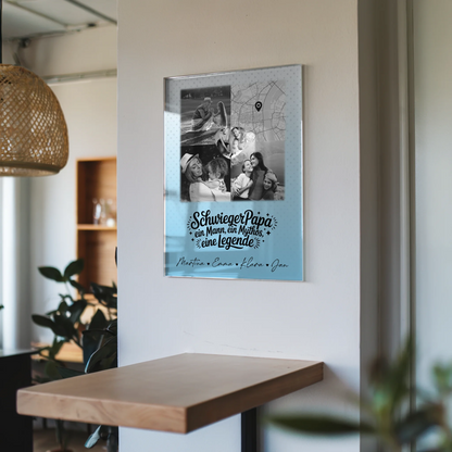 Personalisierte Geschenke mit Foto Acrylglas 3 Fotos und Herz Karte für Schwiegerpapa Mythos Legende Schwarz-Weiß