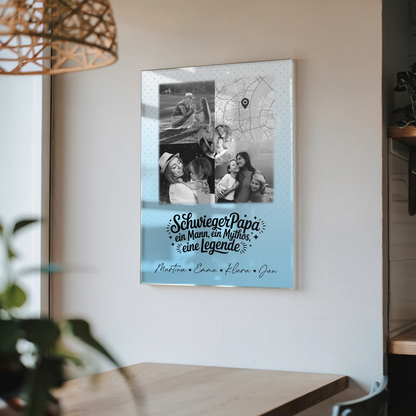 Personalisierte Geschenke mit Foto Acrylglas 3 Fotos und Herz Karte für Schwiegerpapa Mythos Legende Schwarz-Weiß