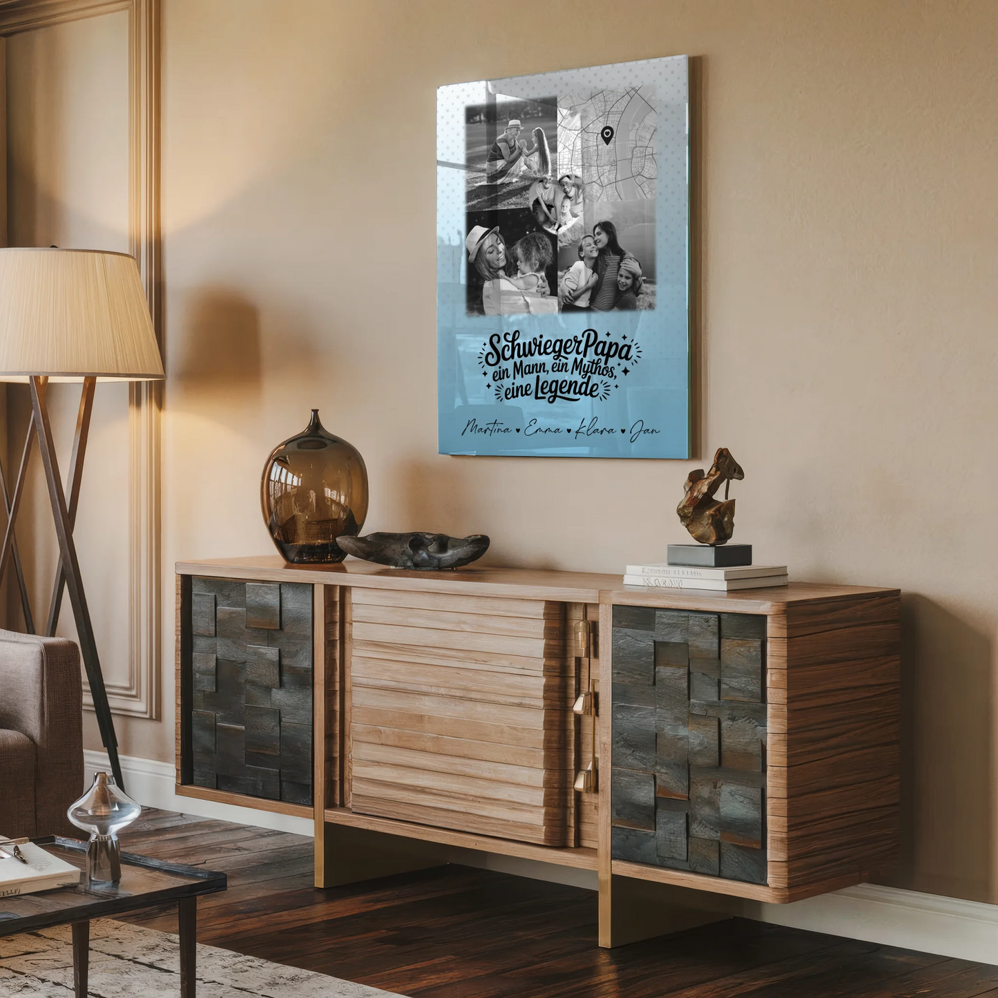 Personalisierte Geschenke mit Foto Acrylglas 3 Fotos und Herz Karte für Schwiegerpapa Mythos Legende Schwarz-Weiß