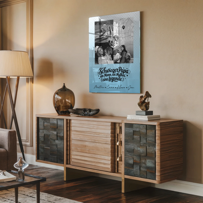 Personalisierte Geschenke mit Foto Acrylglas 3 Fotos und Herz Karte für Schwiegerpapa Mythos Legende Schwarz-Weiß